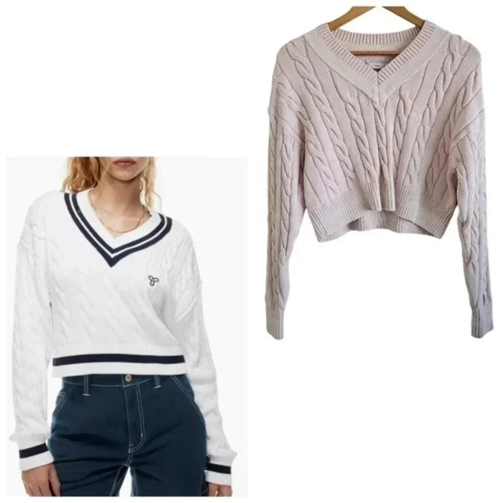 Aritzia Tna Clay Cropped Sweater pink medium cotton cable knit